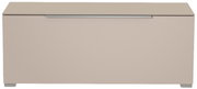 Vooraanzicht van een modern, beige tv-lowboard met een strak ontwerp en een zilveren handgreep.