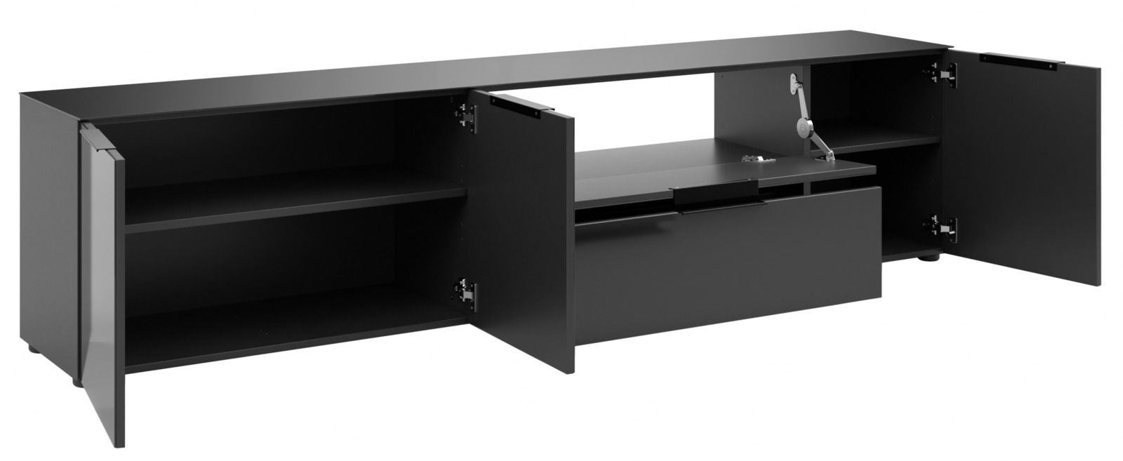 Schwarzes XL-TV-Lowboard mit offenen Türen und Schubladen, seitliche Perspektive