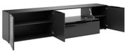 Schwarzes XL-TV-Lowboard mit offenen Türen und Schubladen, seitliche Perspektive