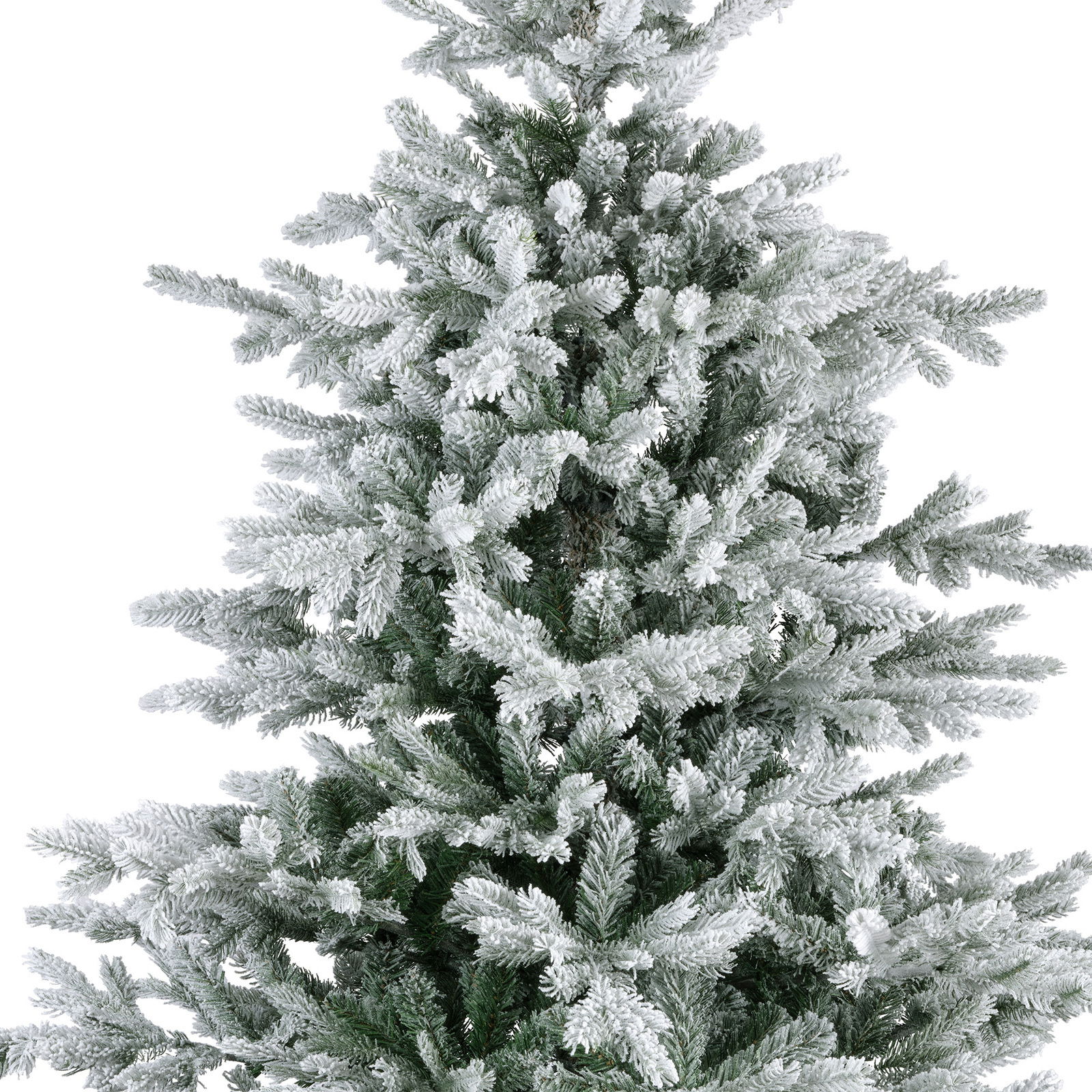 Künstlicher Weihnachtsbaum mit schneebedeckten Zweigen, Nahaufnahme von der Seite