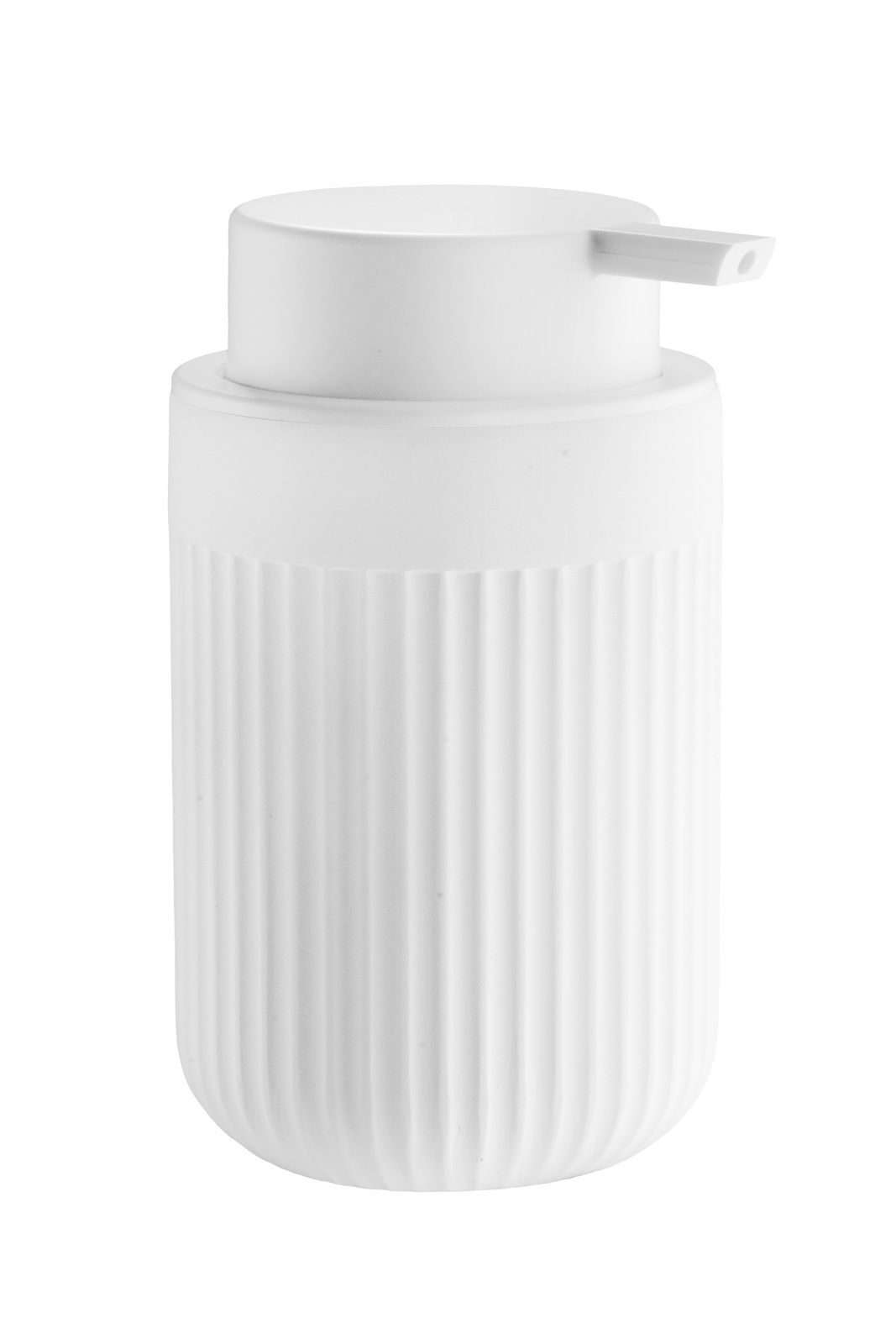 Weißer Seifenspender mit geriffelter Oberfläche, seitliche Perspektive