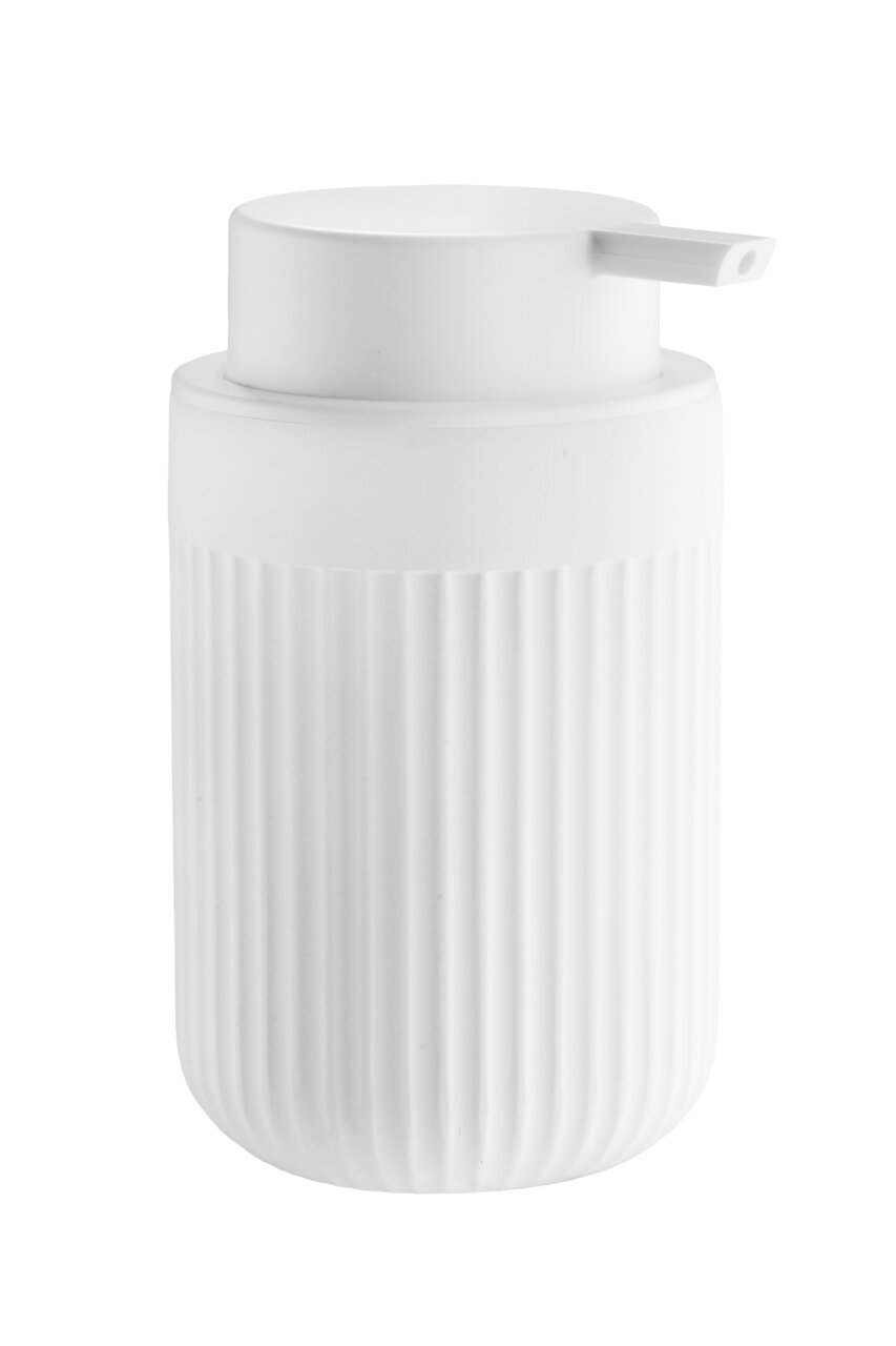 Beslagsboden Seifenspender Weißer Seifenspender mit geriffelter Oberfläche, seitliche Perspektive
