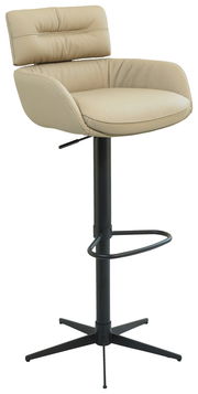 Moderner Barhocker mit beigem Polster und schwarzem Metallgestell, seitliche Perspektive