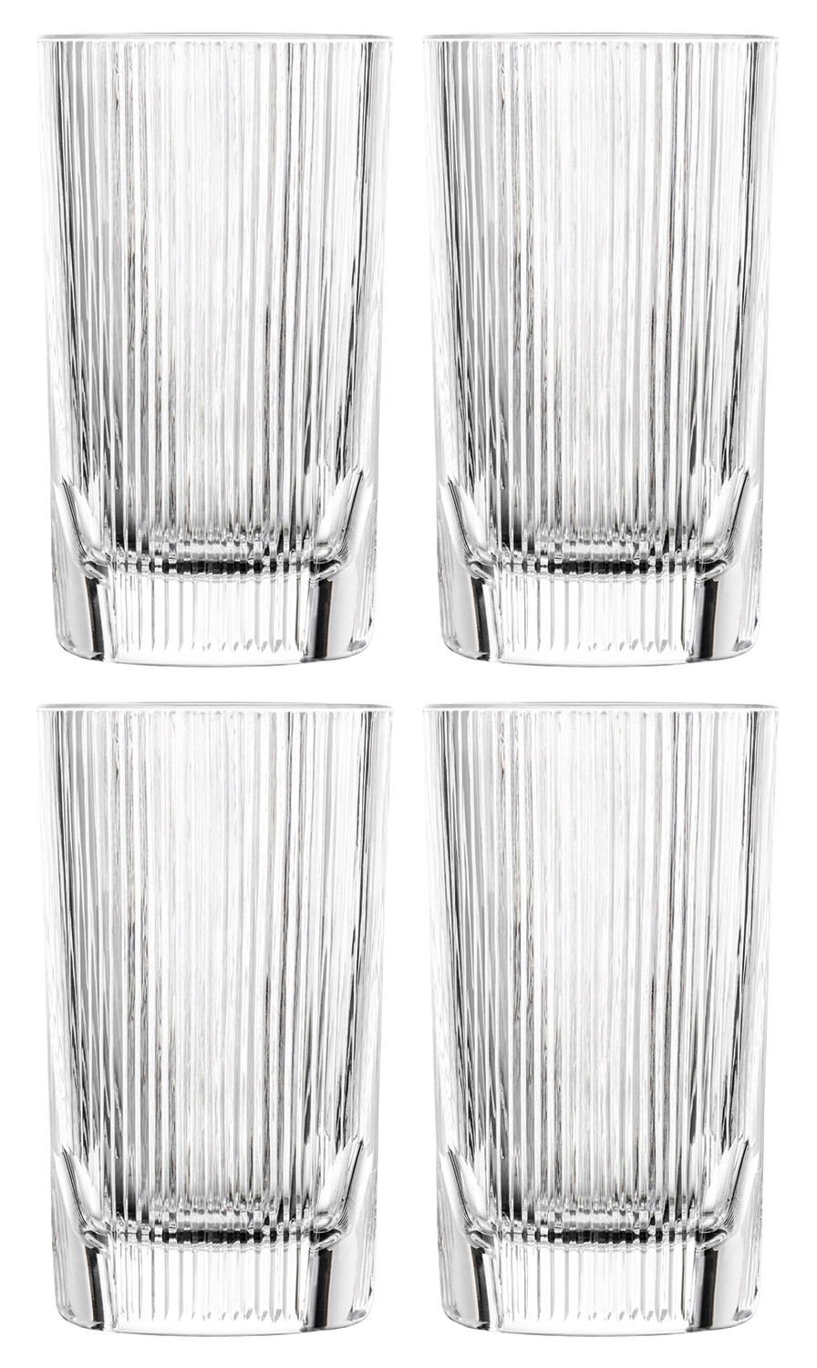 Vier klare, geriffelte Trinkgläser in einer frontalen Ansicht.