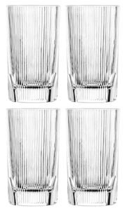 Vier klare, geriffelte Trinkgläser in einer frontalen Ansicht.