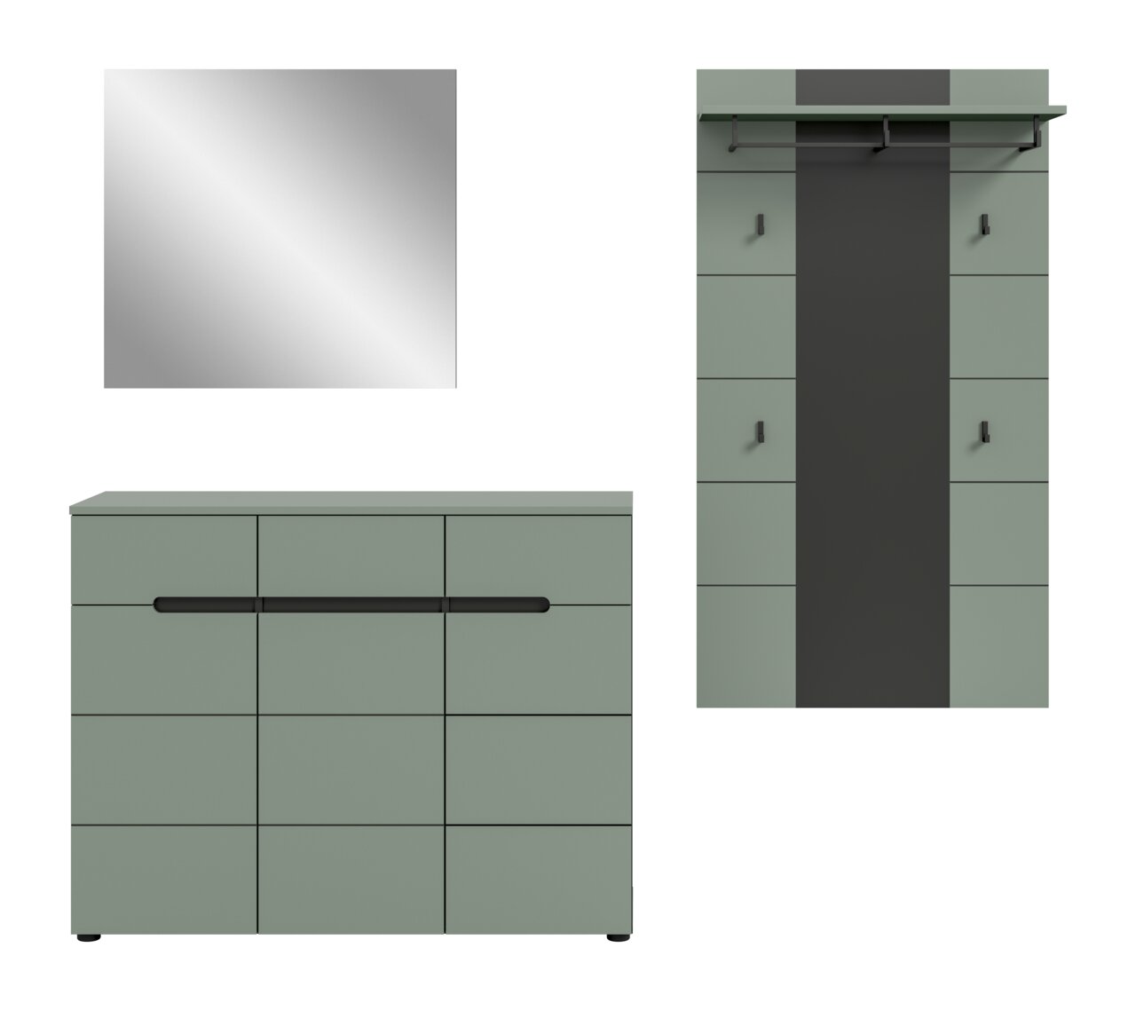 Modernes Badezimmermöbel-Set in Salbeigrün mit Spiegel, Waschtischunterschrank und Hochschrank mit schwarzer Griffleiste und dunkler Mittelblende, frontale Ansicht