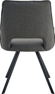 Gepolsterter Esszimmerstuhl mit dunkelgrauem Stoffbezug, integrierter Armlehne und schwarzen Metallbeinen, Frontansicht.