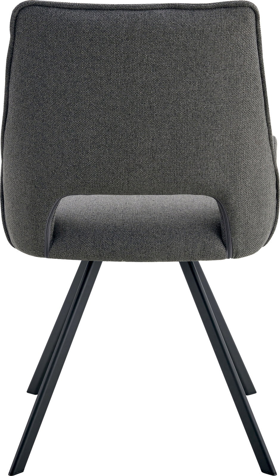 Gepolsterter Esszimmerstuhl mit dunkelgrauem Stoffbezug, integrierter Armlehne und schwarzen Metallbeinen, Frontansicht.