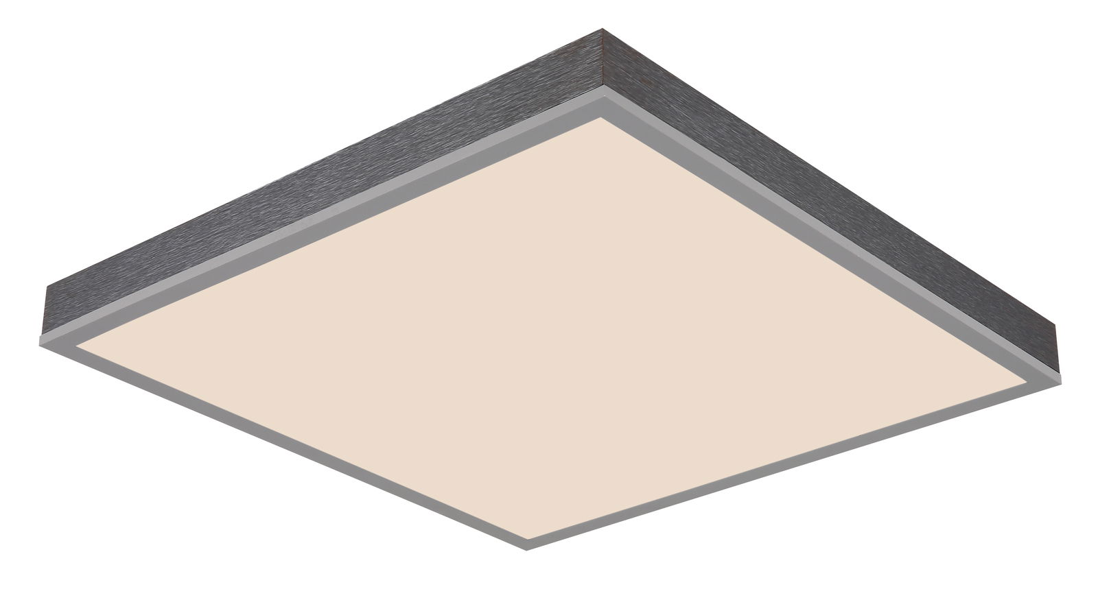 Moderne quadratische Deckenleuchte aus der Seitenperspektive mit grauem Rahmen und weißer Lichtfläche