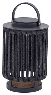 Solarlampe mit schwarzem, geflochtenem Design und Tragegriff, seitliche Perspektive