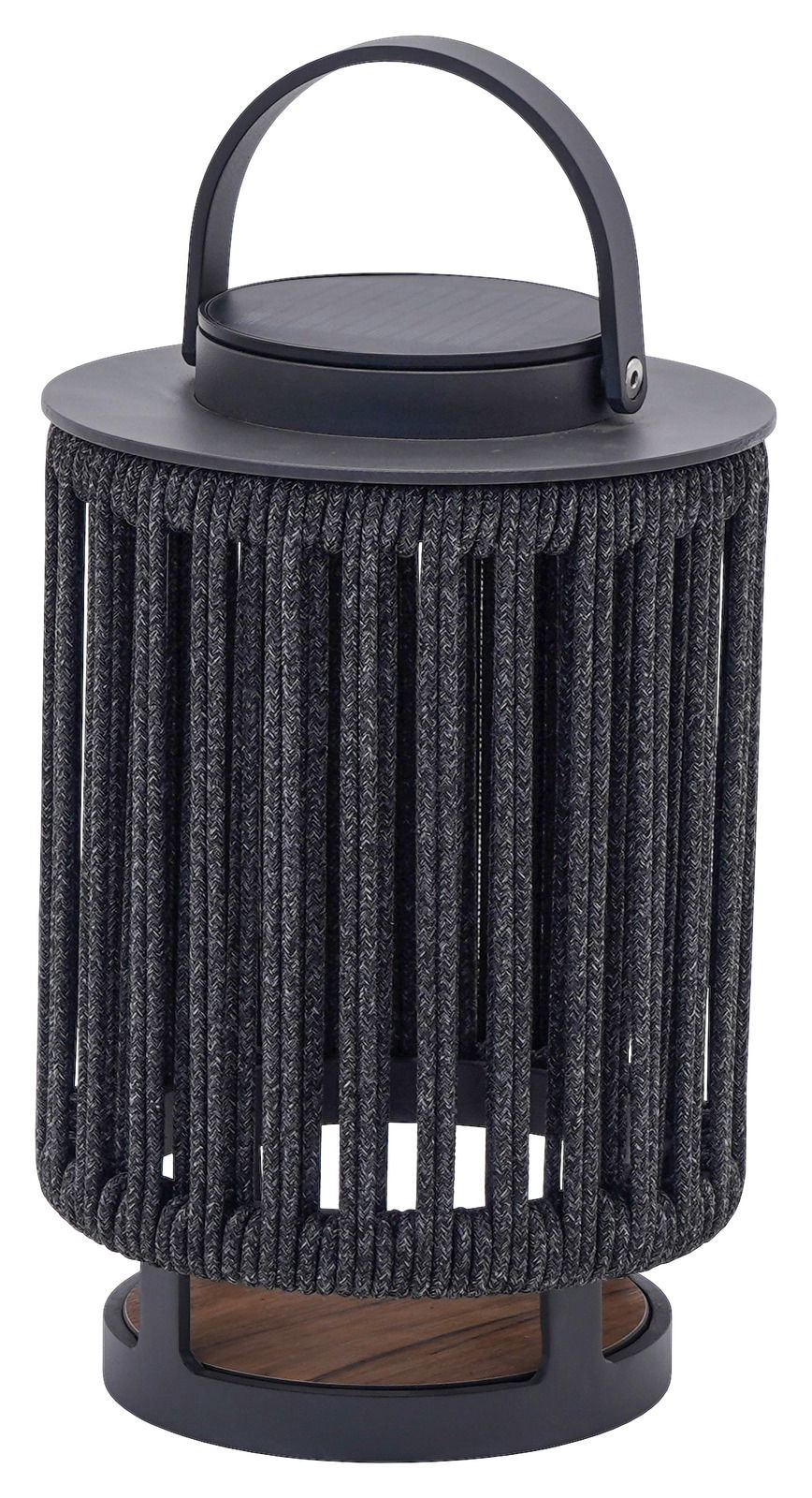 Solarlampe mit schwarzem, geflochtenem Design und Tragegriff, seitliche Perspektive