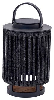 Solarlampe mit schwarzem, geflochtenem Design und Tragegriff, seitliche Perspektive