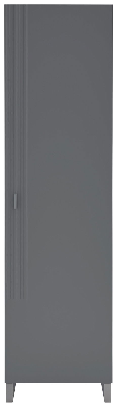 Grauer Garderobenschrank mit vertikalen Linien auf der linken Seite, Frontalansicht