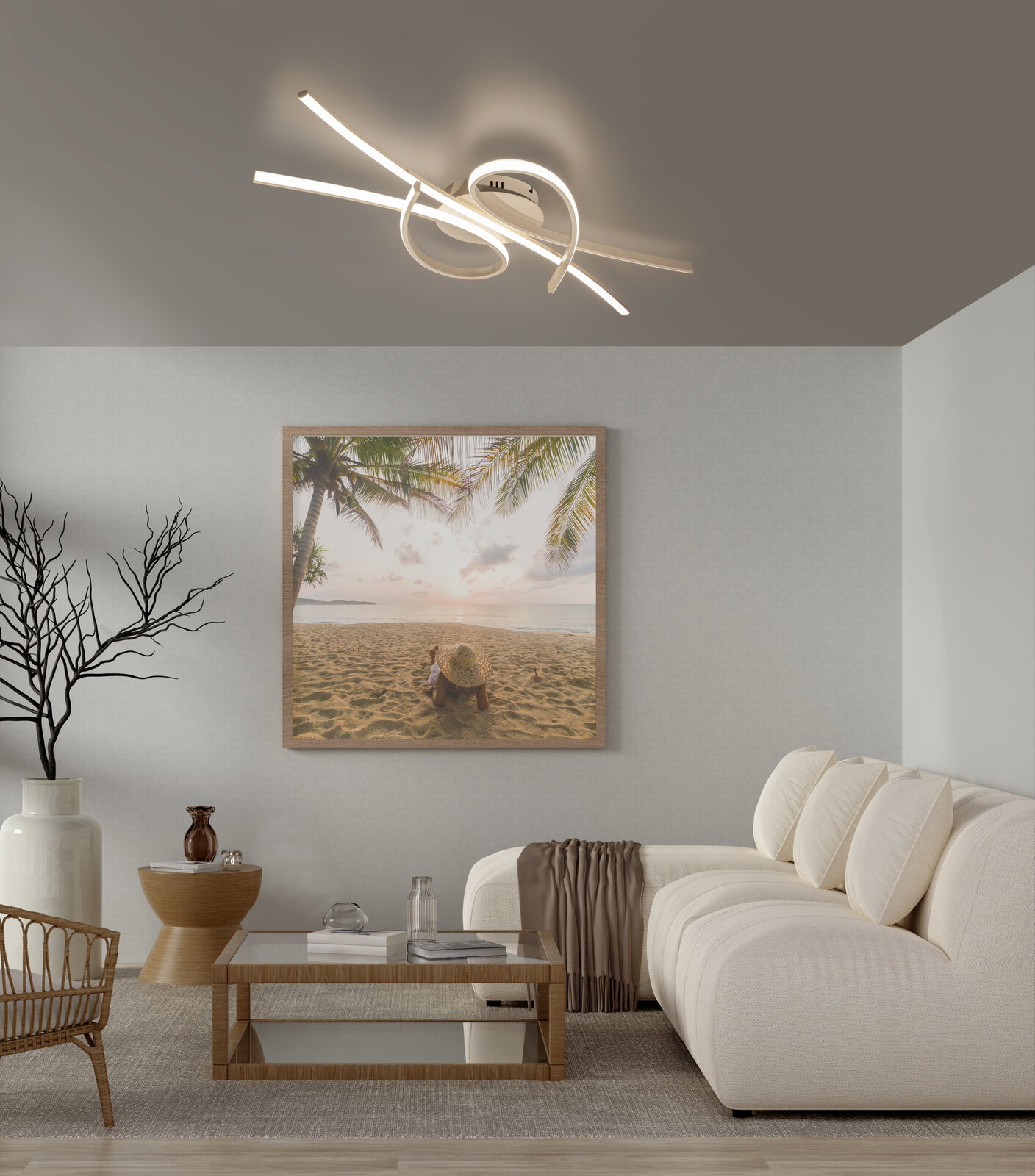 Moderne LED-Deckenleuchte in geschwungenem Ring- und Stabdesign in warmweißem Licht, an der Decke montiert, Ansicht von unten in einem Wohnzimmer.