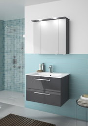 Moderner Badblock mit grauem Waschtischunterschrank und Spiegelschrank, seitliche Perspektive