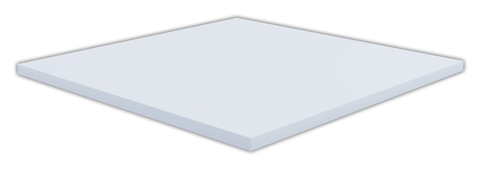Weiße, rechteckige Platte/Board mit glatter Oberfläche, freigestellt auf weißem Hintergrund, in schräger Perspektive von oben (3/4-Ansicht)