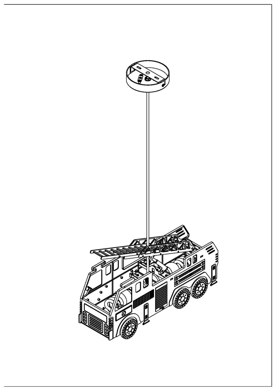 Hängeleuchte in Form eines Feuerwehrautos, seitliche Perspektive