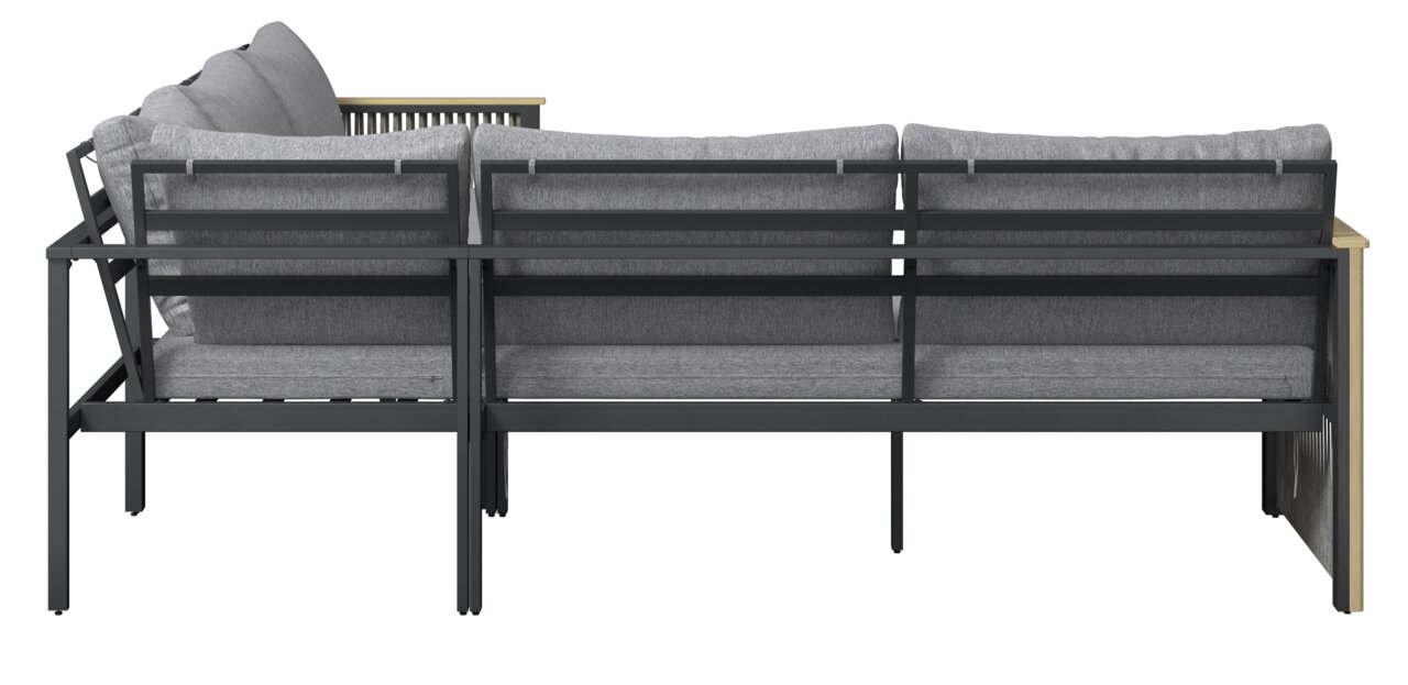 Rückansicht eines modernen Lounge-Sets mit grauen Kissen und schwarzem Metallrahmen.