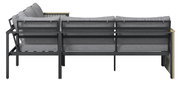 Rückansicht eines modernen Lounge-Sets mit grauen Kissen und schwarzem Metallrahmen.