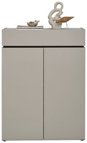 Moderner Schuhschrank in grauer Farbe mit zwei Türen, dekoriert mit einer Skulptur und Büchern auf der Oberseite, Frontalansicht.