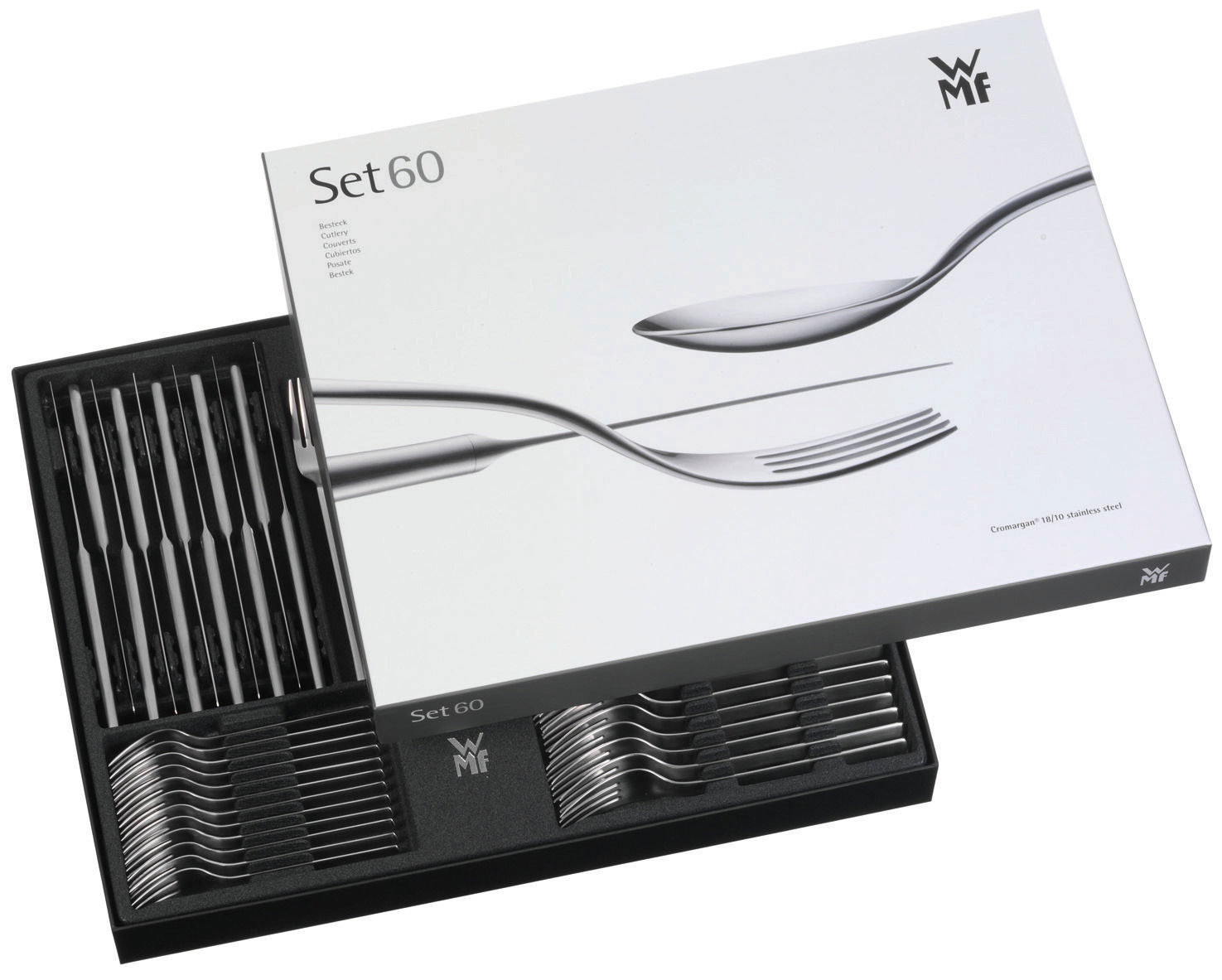 Besteckset Philadelphia 60-tlg. von WMF in geöffneter Verpackung, Perspektive von oben
