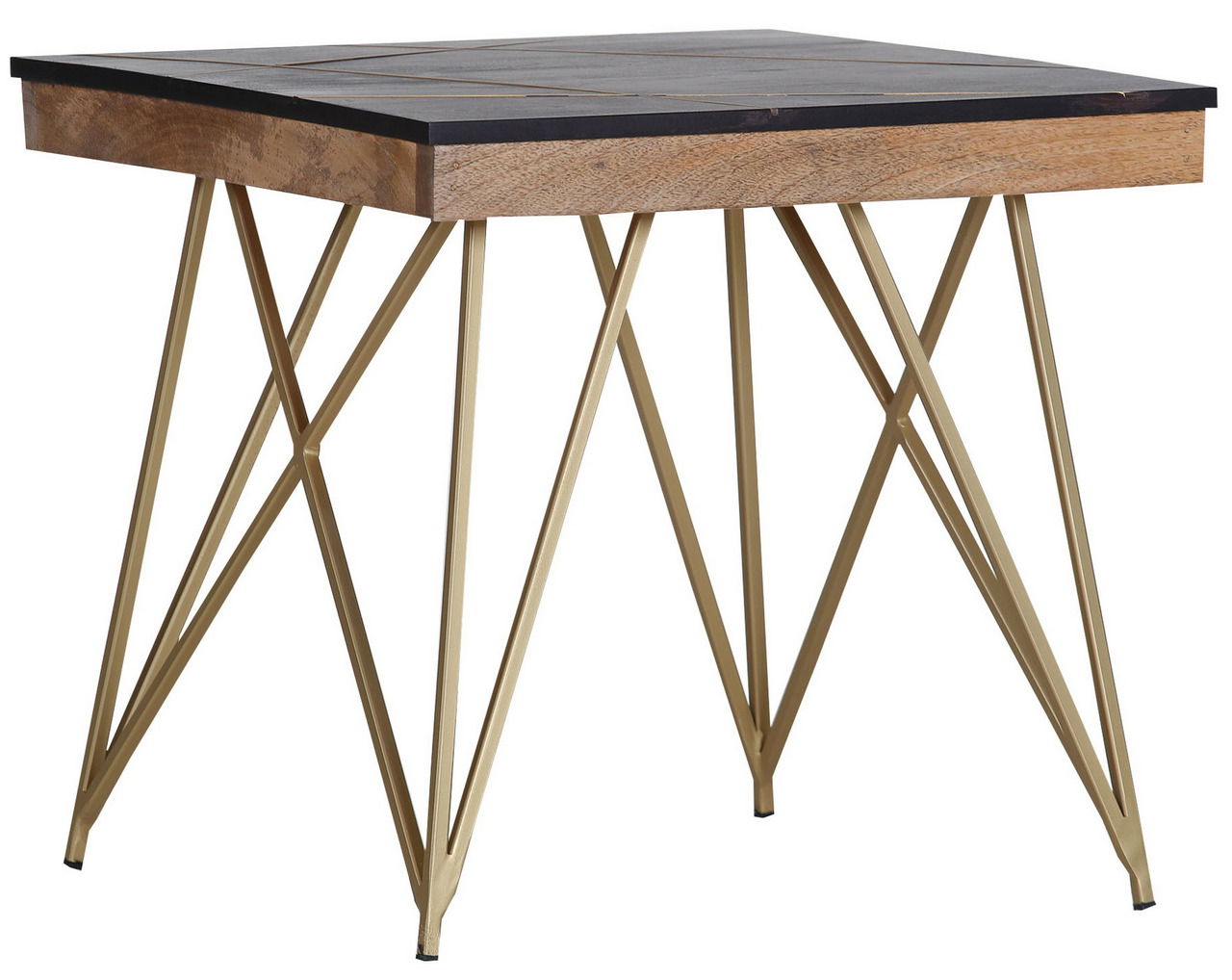 Moderner Beistelltisch mit dunkler Holzplatte und goldfarbenen Metallbeinen, seitliche Perspektive