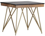 Moderner Beistelltisch mit dunkler Holzplatte und goldfarbenen Metallbeinen, seitliche Perspektive