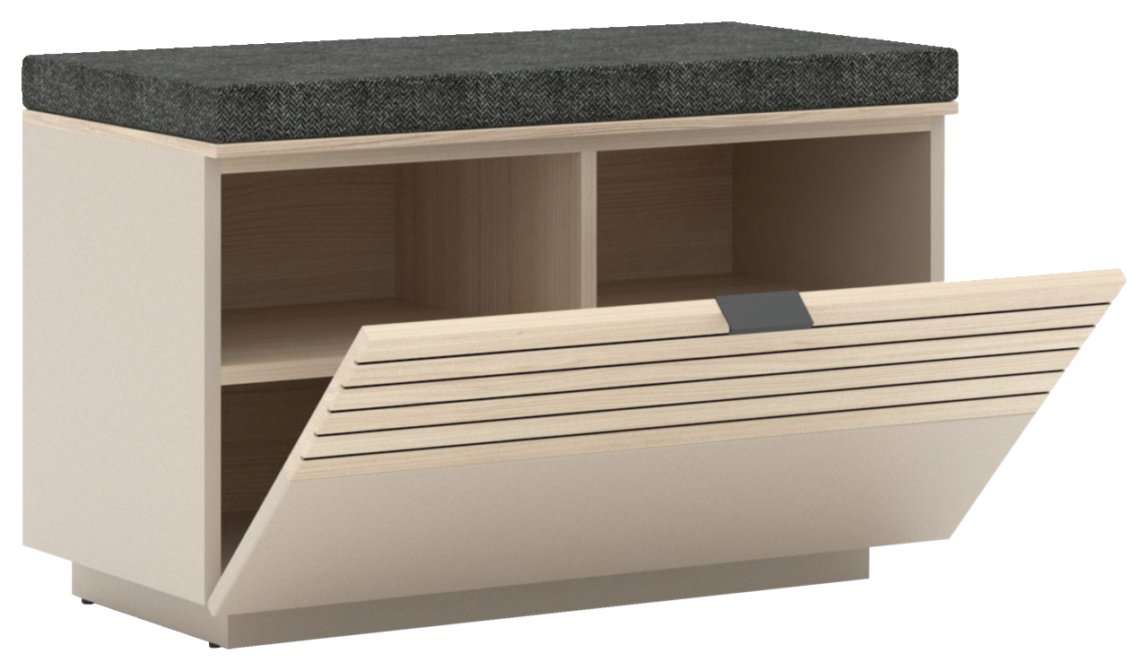 Bank mit gepolstertem Sitz in dunklem Stoff, zwei offenen Fächern und einer klappbaren Front, seitliche Perspektive