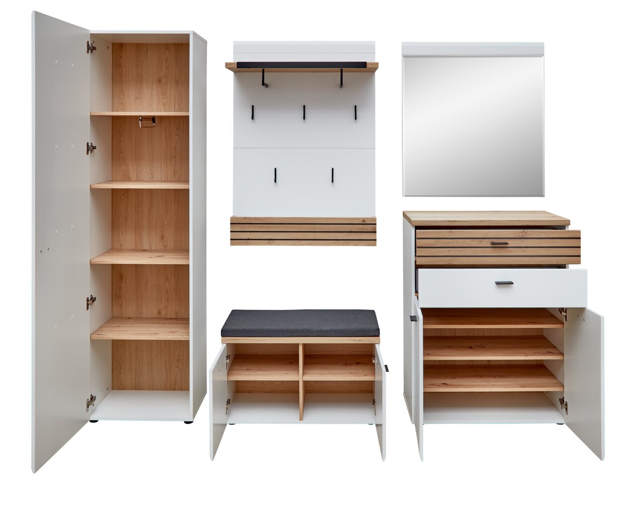 Garderobecombinatie Set 80 in vooraanzicht met kast, spiegel, hakenrail en bankje in houtlook.