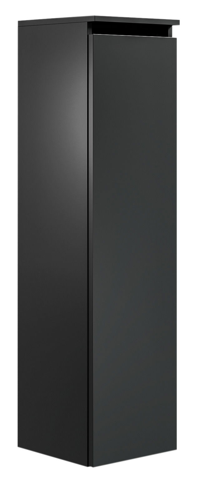 Schwarzer, moderner Badezimmerschrank in minimalistischem Design, seitliche Perspektive