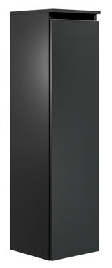 Schwarzer, moderner Badezimmerschrank in minimalistischem Design, seitliche Perspektive