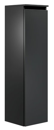 Schwarzer, moderner Badezimmerschrank in minimalistischem Design, seitliche Perspektive