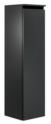 Schwarzer, moderner Badezimmerschrank in minimalistischem Design, seitliche Perspektive