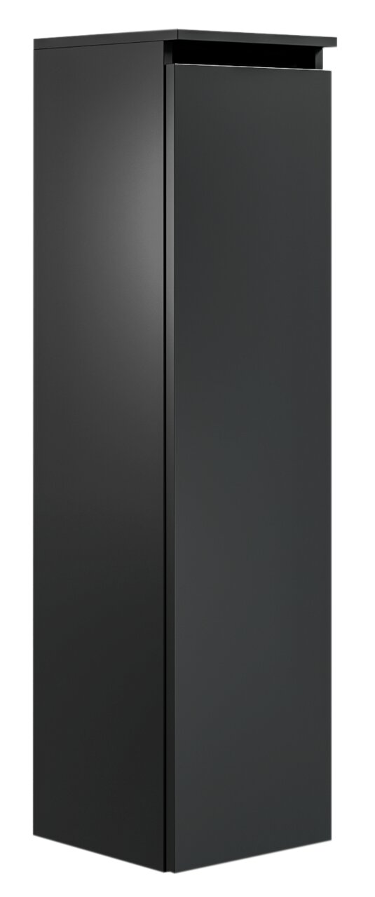 Schwarzer, moderner Badezimmerschrank in minimalistischem Design, seitliche Perspektive