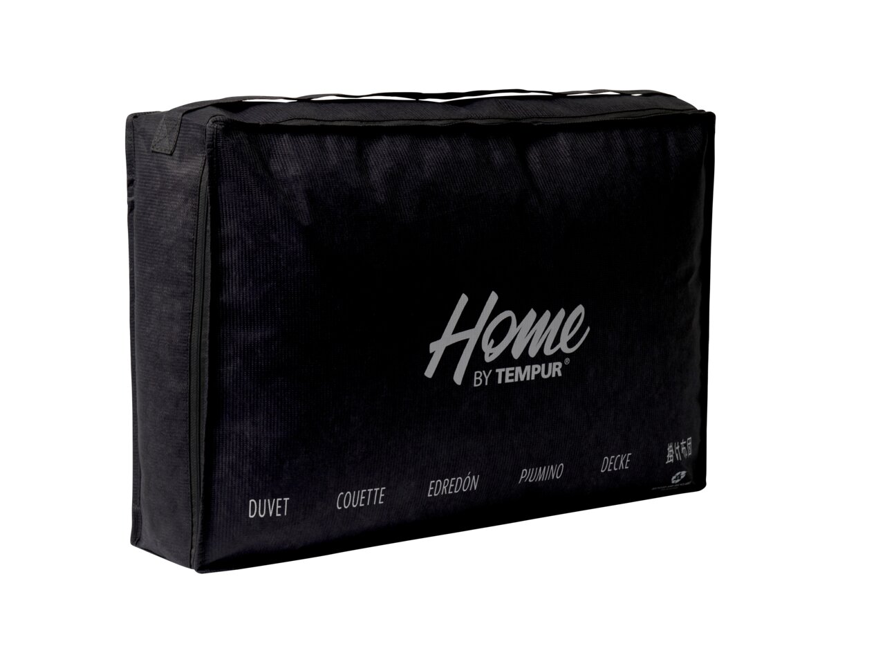 Schwarze Verpackung der Luxe Duo-Decke von Tempur, seitliche Perspektive