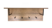 Wandgarderobe aus Holz mit Ablage, vier schwarzen Haken und zwei seitlichen Metallhalterungen, frontal aufgenommen