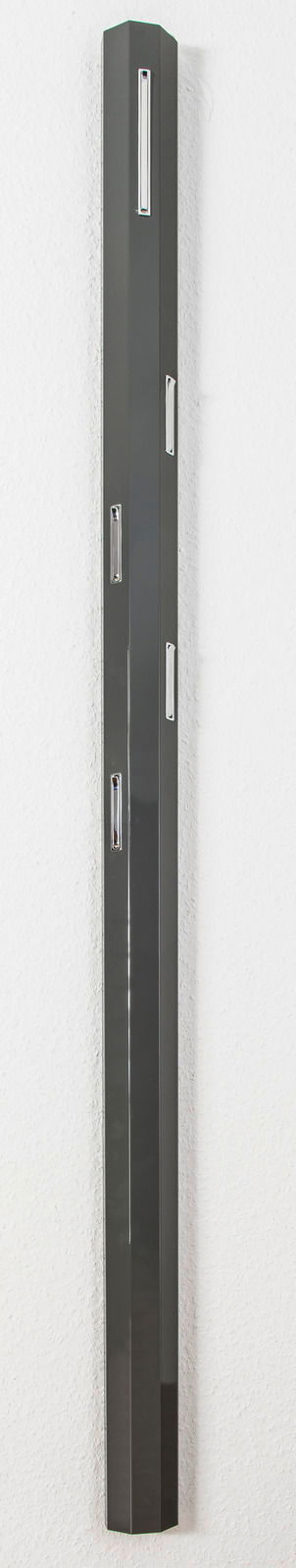 Schlankes, modernes Garderobenpaneel in dunkler Farbe mit mehreren Haken, seitliche Perspektive.