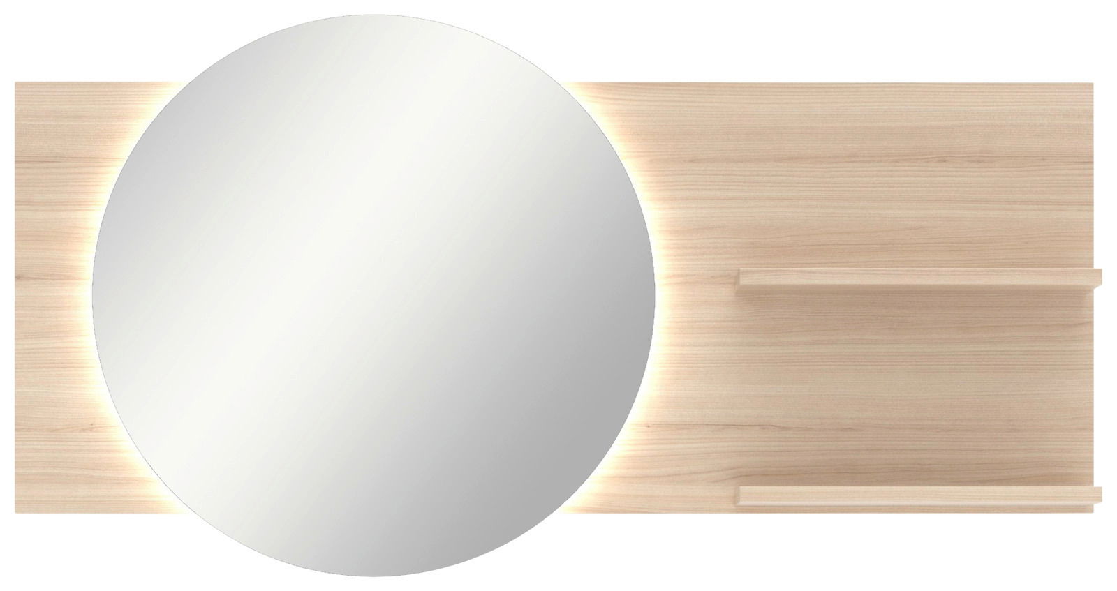 Wandspiegel mit Holzrahmen und integrierter Beleuchtung, frontal betrachtet