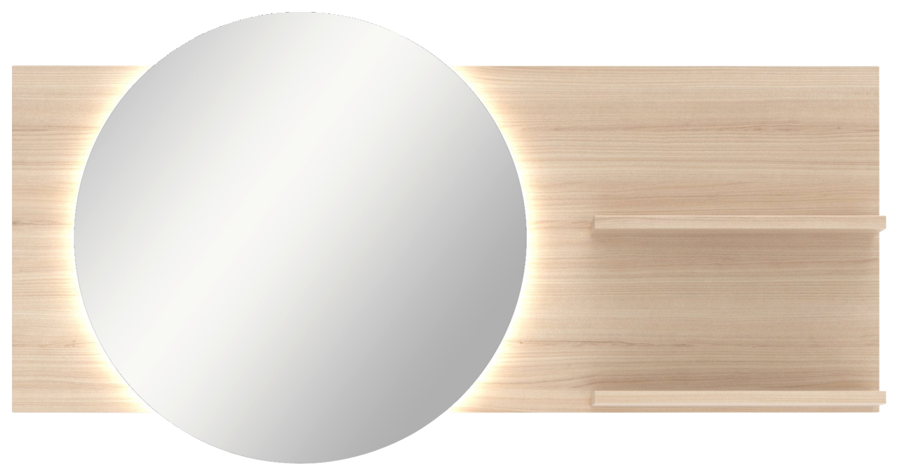 Wandspiegel mit Holzrahmen und integrierter Beleuchtung, frontal betrachtet