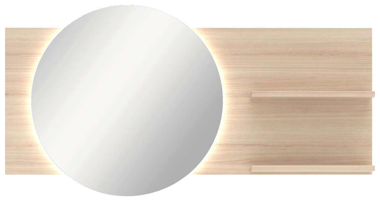 Wandspiegel mit Holzrahmen und integrierter Beleuchtung, frontal betrachtet