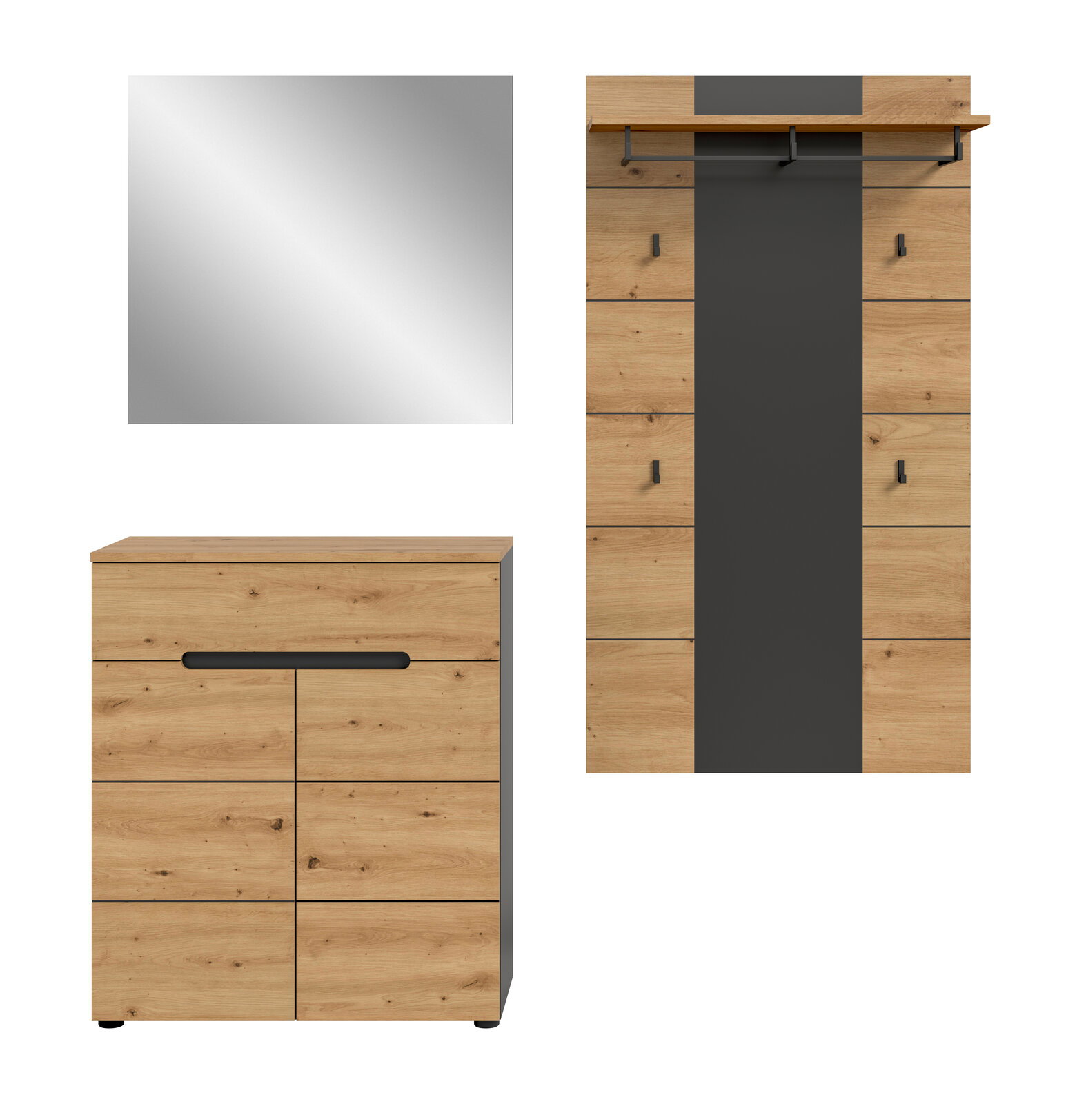 Modernes Garderoben-Set in Eiche-Optik mit schwarzem Akzent: quadratischer Spiegel (Frontansicht), Schuhkommode mit Klappe (Frontansicht) und Garderobenpaneel mit Hutablage und Haken (Frontansicht)