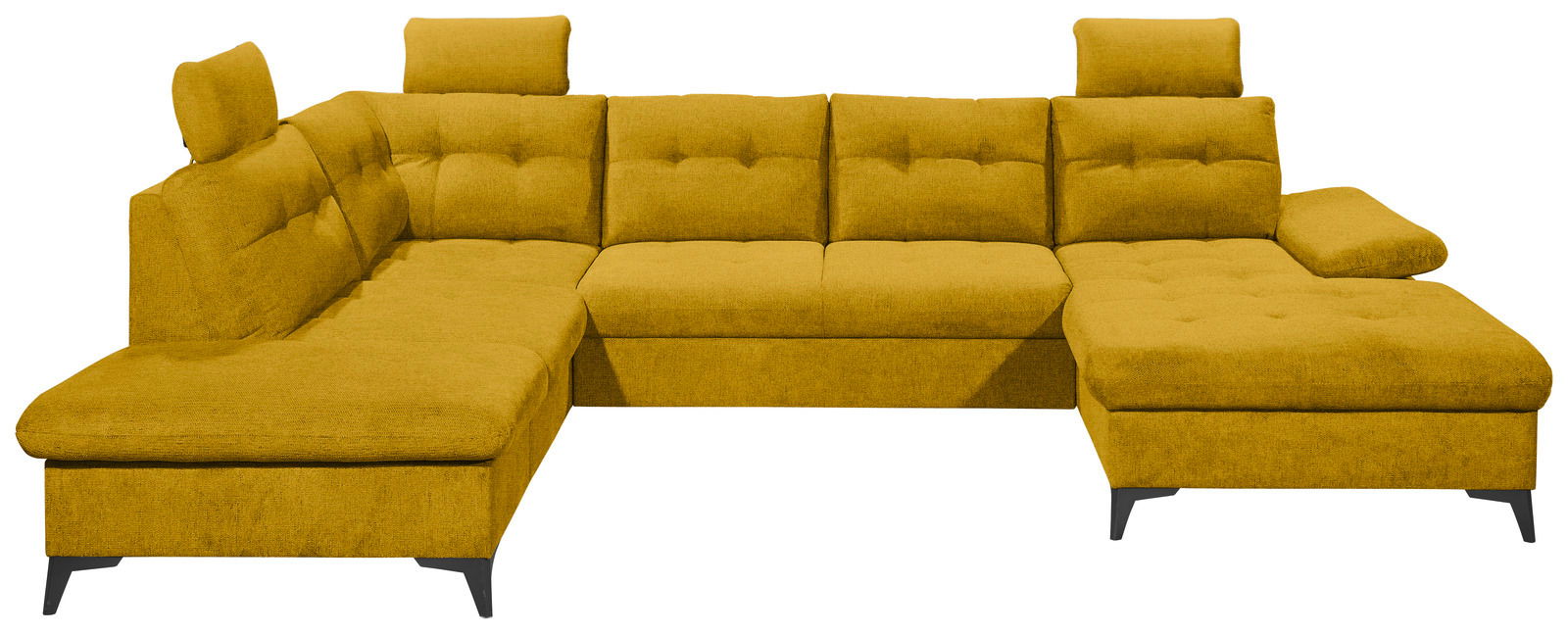 Gelbes, modernes U-förmiges Sofa mit verstellbaren Kopfstützen, frontal betrachtet.