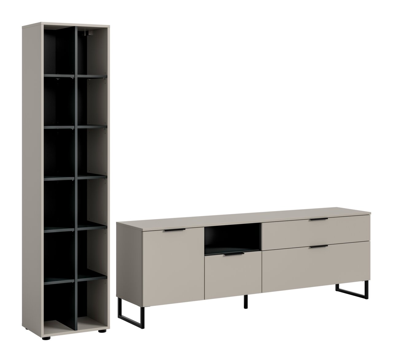 MID.YOU Wohnkombination NOIDA Modernes Möbel-Set aus hohem Regal und niedrigem Sideboard in Greige mit schwarzen Innenfächern, Griffen und Metallfüßen, freigestellt auf Weiß, Ansicht schräg von vorn.