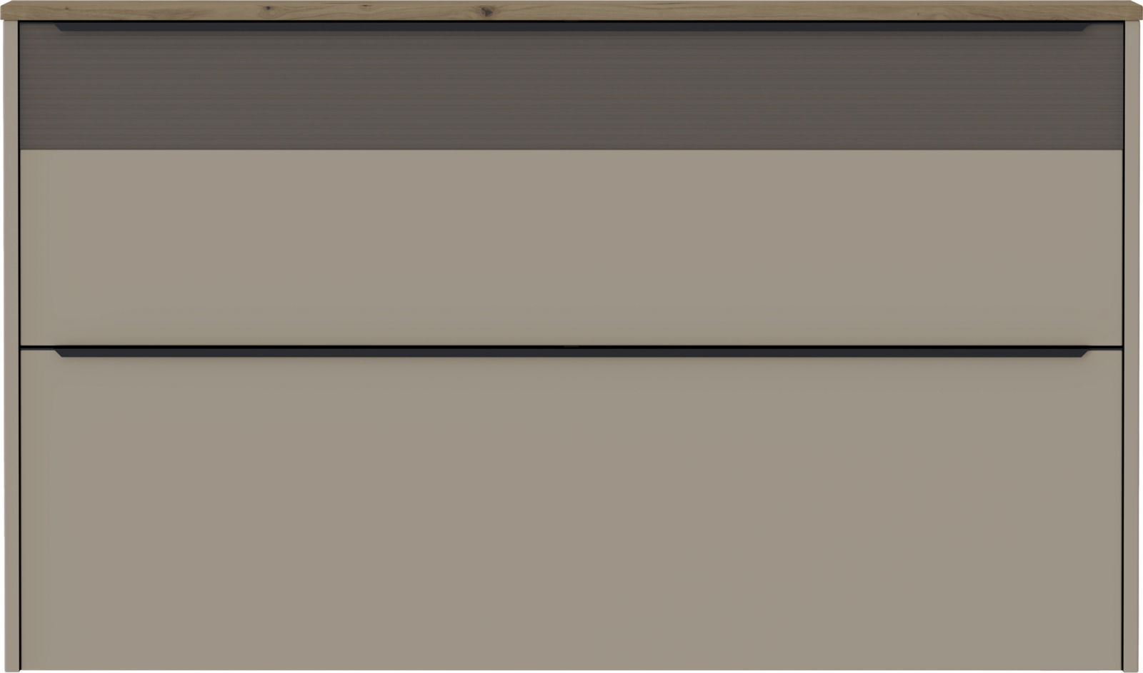 Frontansicht eines modernen Garderoben-Sets mit drei Schubladen in neutralen Farben und Holzoberfläche.