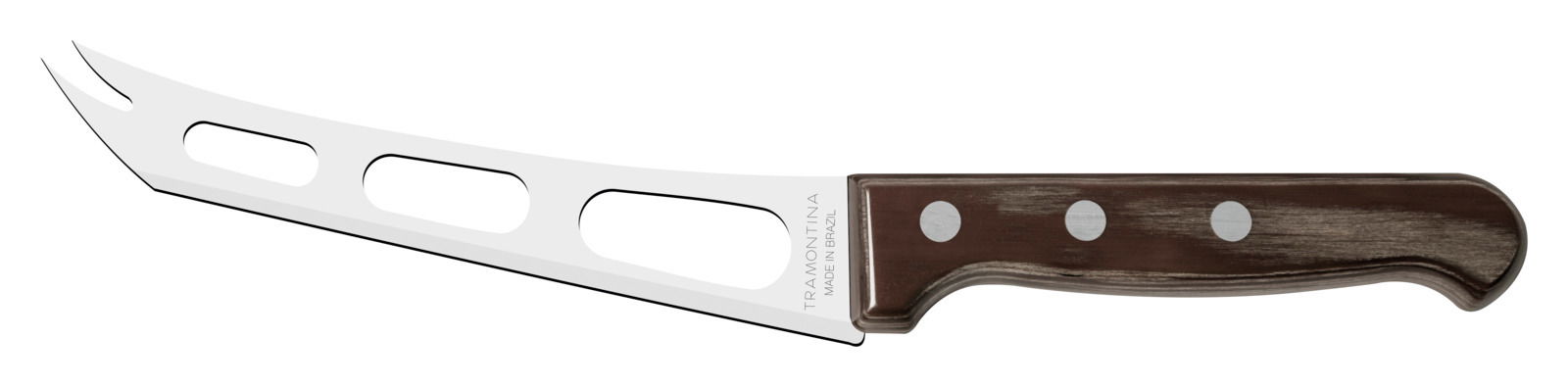 Käsemesser mit geschwungener Klinge und Holzgriff, seitliche Perspektive