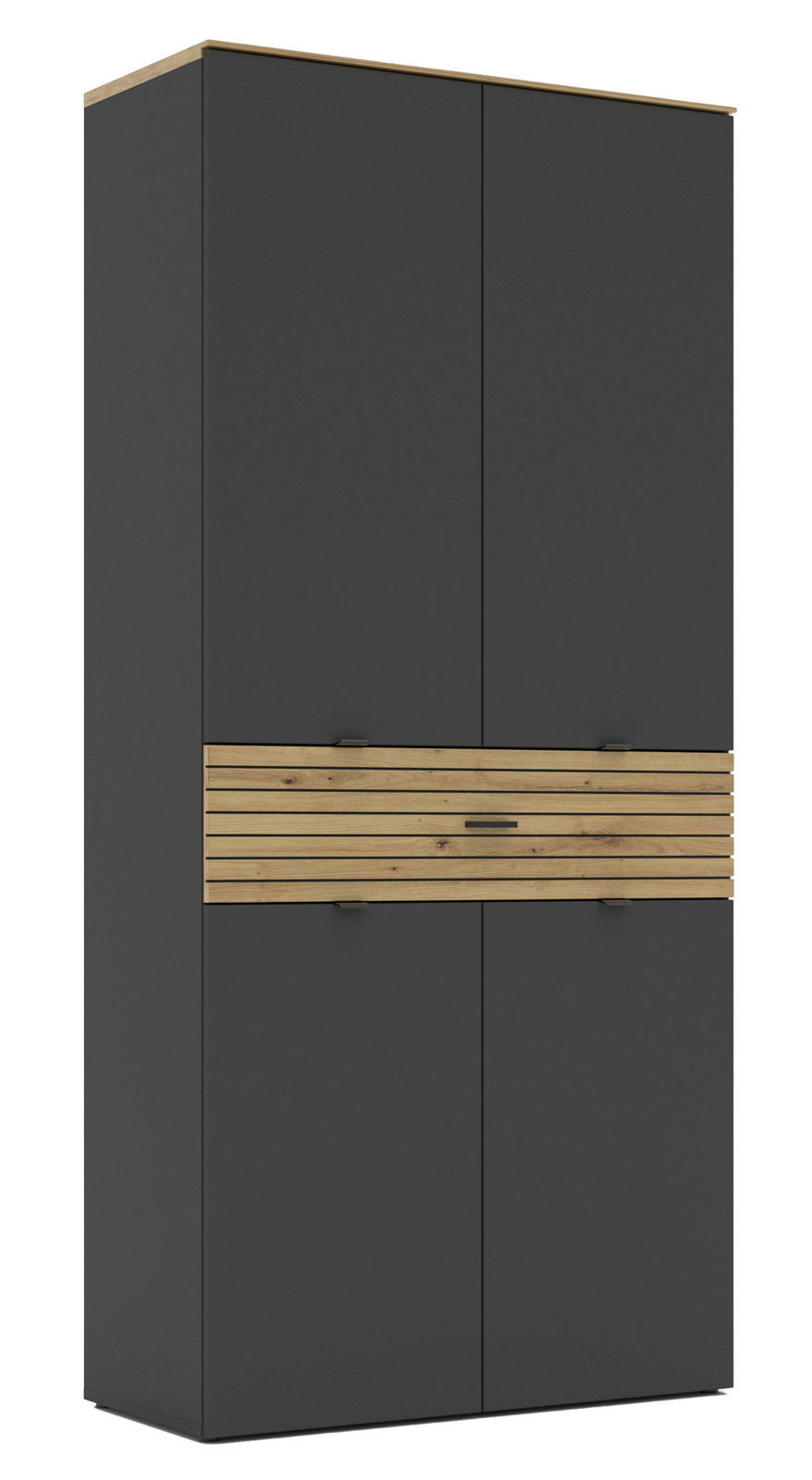 Hochformatiger XL-Schuhschrank in dunklem Grau mit Holzdetails in der Mitte, Frontalansicht