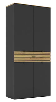 Hochformatiger XL-Schuhschrank in dunklem Grau mit Holzdetails in der Mitte, Frontalansicht