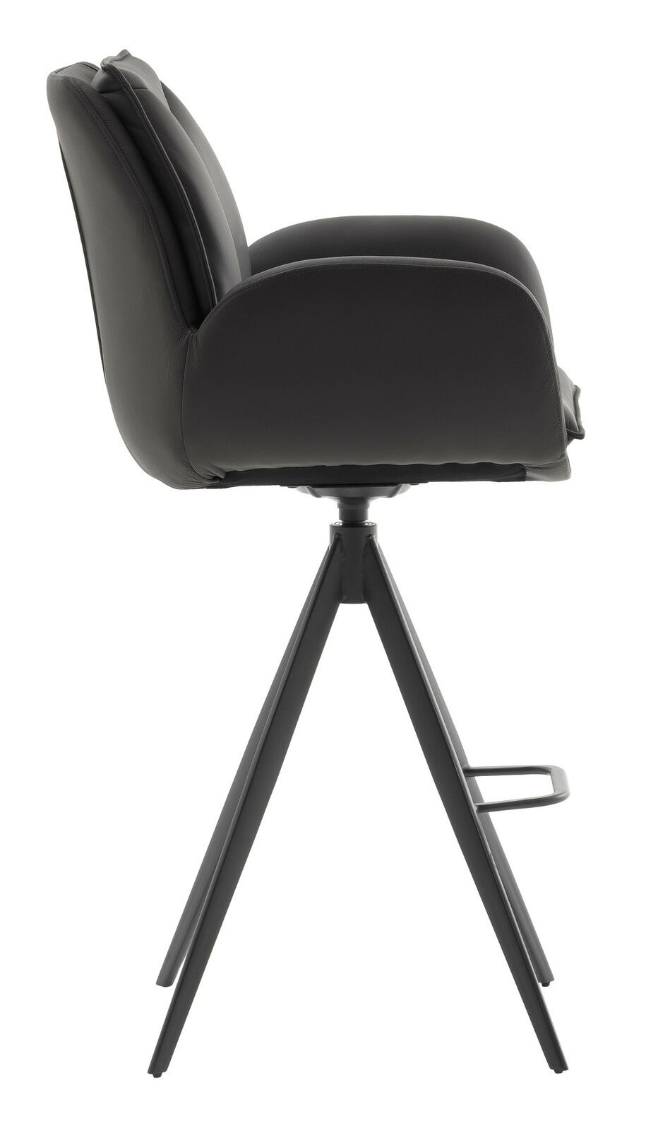 Seitenansicht eines modernen Barstuhls mit schwarzem Sitz und Metallgestell.