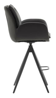 Seitenansicht eines modernen Barstuhls mit schwarzem Sitz und Metallgestell.
