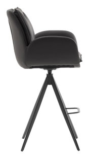 Seitenansicht eines modernen Barstuhls mit schwarzem Sitz und Metallgestell.